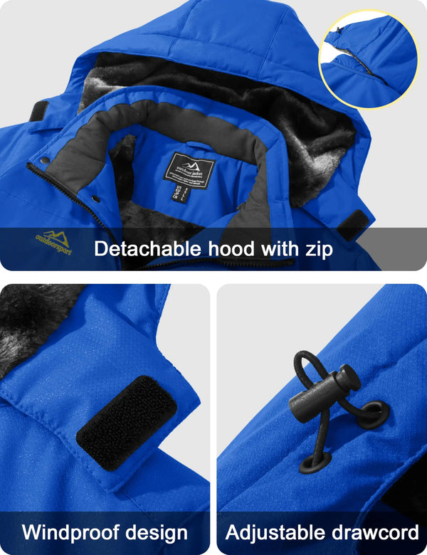 TACVASEN Mens Ski Jacket Waterproof Fleece Parka Coat Detached Hood Windproof Placket Outdoor Coat Winter Warm 5 Pocket RainCoat