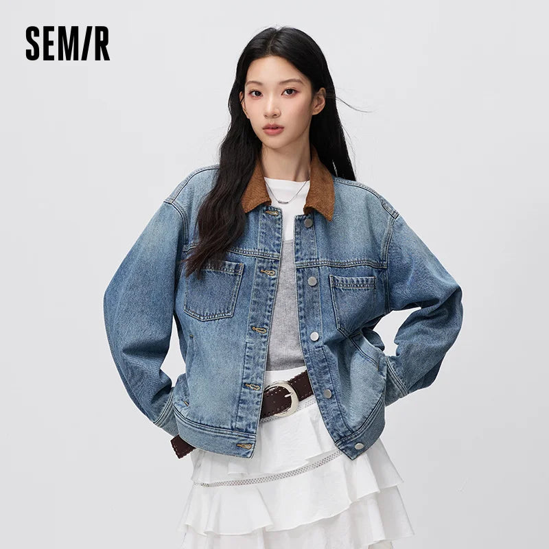 Semir Women Jacket Denim Distressed Turn Down Collar Drop Shoulder Loose Fit 2026 Autumn Vintage Streetwear Outerwear