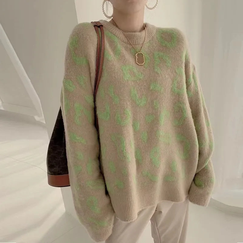 Knitted Pullover Sexy Loose Lazy Leopard Print Sweater Women's South Korea Contrasting Color Thick Soft Crew Neck Jumper Top
