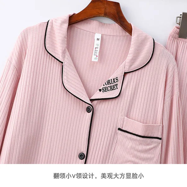 Women's Pajamas Spring Autumn Strips Modal Lapel Cardigan Trousers Sets Long-sleeved Loungewear New Sleepwear Pijama Mujer