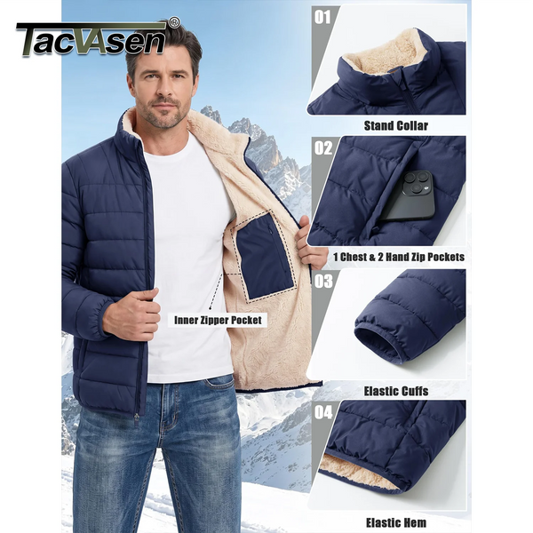 TACVASEN Puffer Jacket for Men Sherpa Lined Warm Winter Coat Insulated Water Resistant Windproof Casual Travel 4 Pockets Outwear