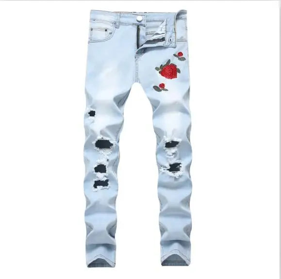 Men's Red Rose Embroidered Jeans, Black Blue Stretch Pants for Men White Fashion Pantalon Hole Decoration Male Slacks 28-42