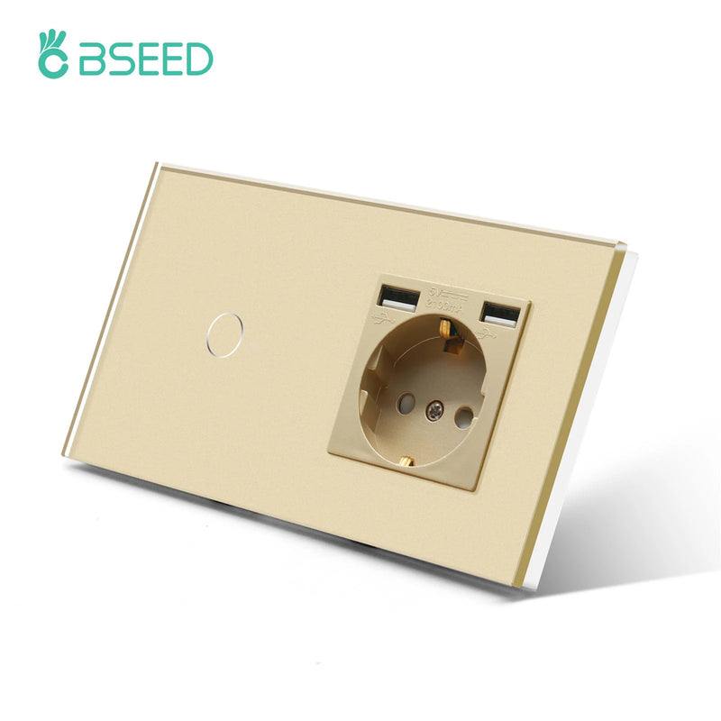 BSEED EU Wall Sockets Single Power Outlet Double Glass Frame USB Type-C Charge Ports Triple Socket Plugs Kids Protection 16A
