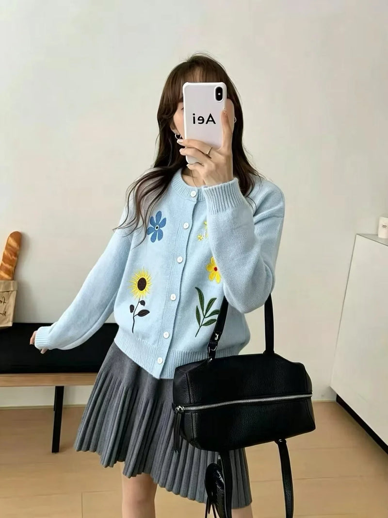 French Retro Embroidered Flower Knitted Cardigan Coat Spring Autumn New Versatile Sweater Women's Jacket Knitwear Clothing