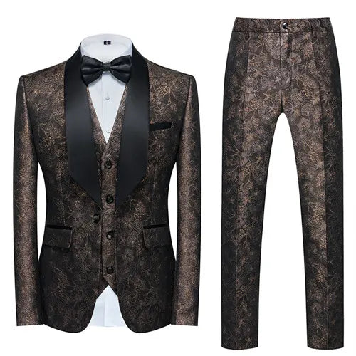 Men's Blue Jacquard Fabric Suit 3-Piece, Fashion Slim-Fit Blazer Jacket Trousers Vest, Spring  Autumn New Men Sets, Asian Size
