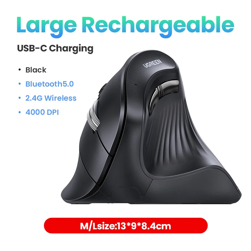 UGREEN Vertical Mouse Wireless Bluetooth5.0 2.4G Ergonomic 4000DPI 6 Mute Buttons for MacBook Tablet Laptops Computer PC Mice