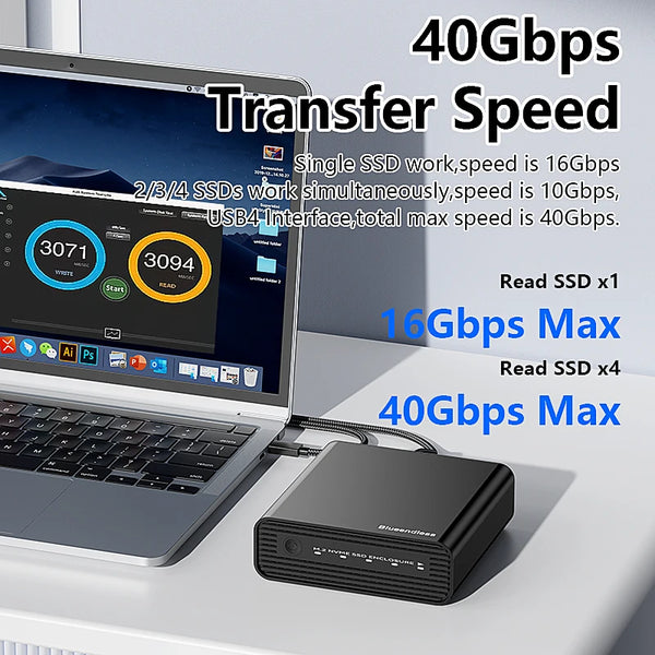 ប្រអប់ ដាក់ ថាស SSD ខាងក្រៅ M2 4-Bay USB4 របស់ Blueendless M.2 NVME 40Gbps M.2 NVME RAID PM/RAID 0/RAID 1/RAID 5/JBOD SSD