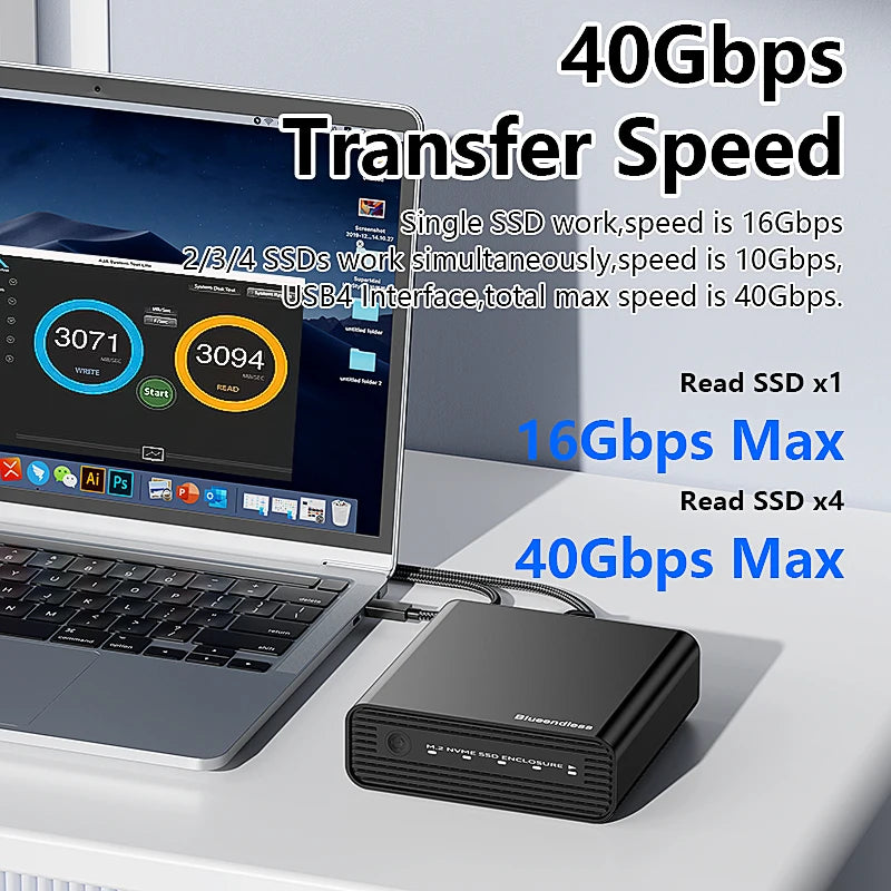 ប្រអប់ ដាក់ ថាស SSD ខាងក្រៅ M2 4-Bay USB4 របស់ Blueendless M.2 NVME 40Gbps M.2 NVME RAID PM/RAID 0/RAID 1/RAID 5/JBOD SSD