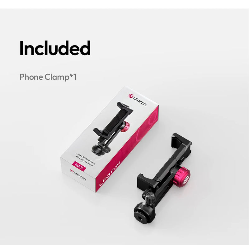 ក្ដាប់ទូរស័ព្ទ Ulanzi MA61 QuickClip ជាមួយ Cold Shoe Mount ជាមួយវីសបង្វិល 360° ទំហំ 1/4" ទទឹង 65-90mm សម្រាប់ Tripod Video Light Mount