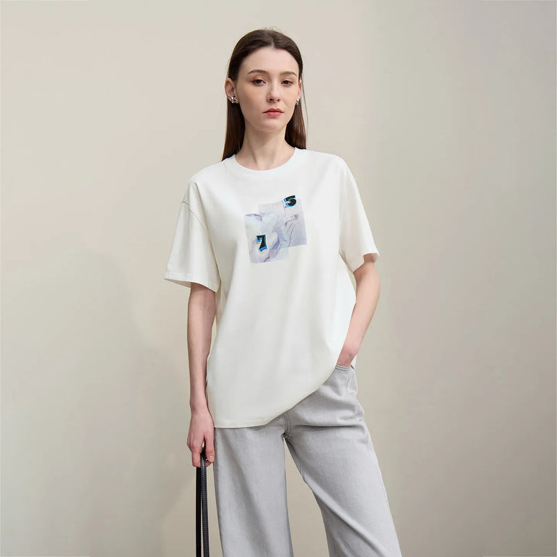 Amii Women's Tee Shirt 2026 Summer New Round Neck Drop Shoulder Short Sleeve Cotton Tee Embroidered Loose Top Women 12642114
