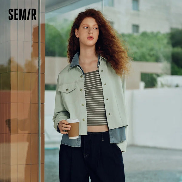 អាវកាក់ស្ត្រី Semir អាវកាក់ឆ្នូតៗពីរដុំរលុងខ្លីបែប Retro តិចតួចបំផុត រចនាប័ទ្មធម្មតា សម្លៀកបំពាក់ខាងក្រៅរដូវស្លឹកឈើជ្រុះ ពាក់ប្រចាំថ្ងៃ 2026