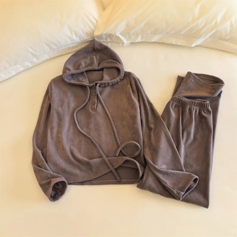 Winter Women's Pajamas Loose Hooded Korean Shake Fleece Sports Outerwear Home Clothes Spring Autumn Sleepwear Set Two Piece