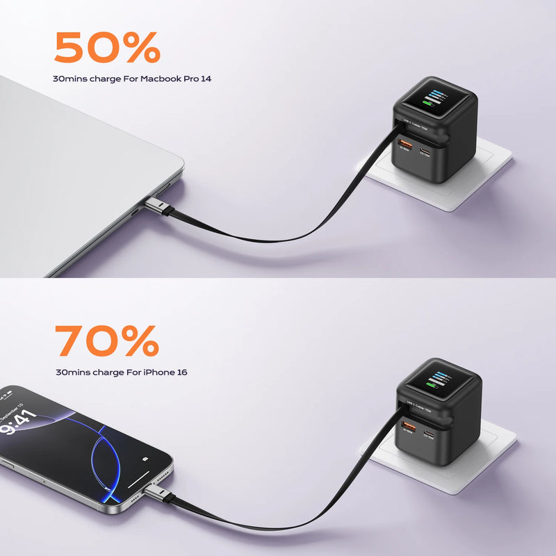 ឆ្នាំងសាកលឿន GaN 70W ជាមួយខ្សែ Type-C ដែលអាចដកថយបាន 3 ក្នុង 1 PD3.0 QC4.0 PPS សាកថ្មលឿនសម្រាប់ iPhone 16 15 14 Xiaomi ថេប្លេត កុំព្យូទ័រយួរដៃ
