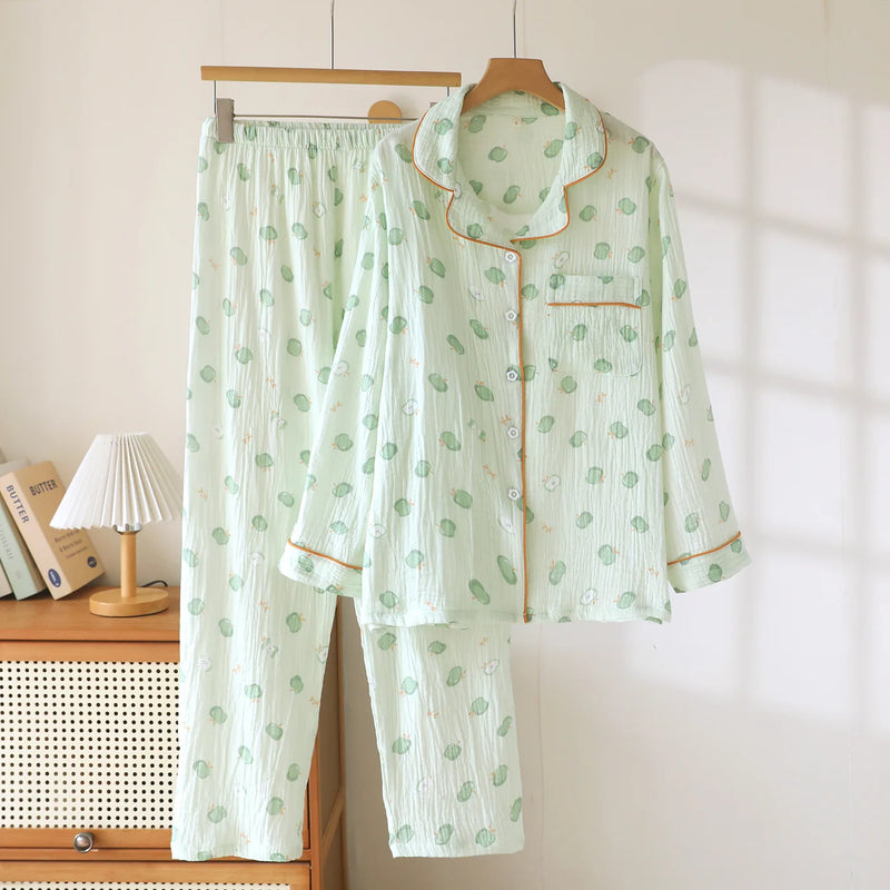 Autumn New Women's Pajamas Long Sleeve TrousersTwo-piece Homewear Set Pure Cotton Pyjama Femme Nightwear Lapel Neck Sleepwear