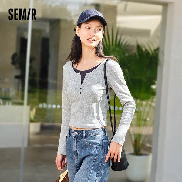 អាវយឺត Semir សម្រាប់នារី កាត់ជាស្រទាប់ៗ ដៃវែងពណ៌ស្រាល ឆ្នាំ២០២៦ អាវប៉ាក់បែបទីក្រុង សាមញ្ញ និងសាមញ្ញសម្រាប់រាល់ថ្ងៃ