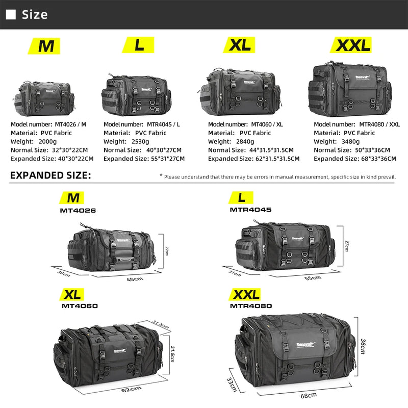 Rhinowalk Motorcycle Tail Bag Back Seat Case Waterproof 19-80L Expandable Storage Motor Saddle Bag Luggage Pannier 1 Piece