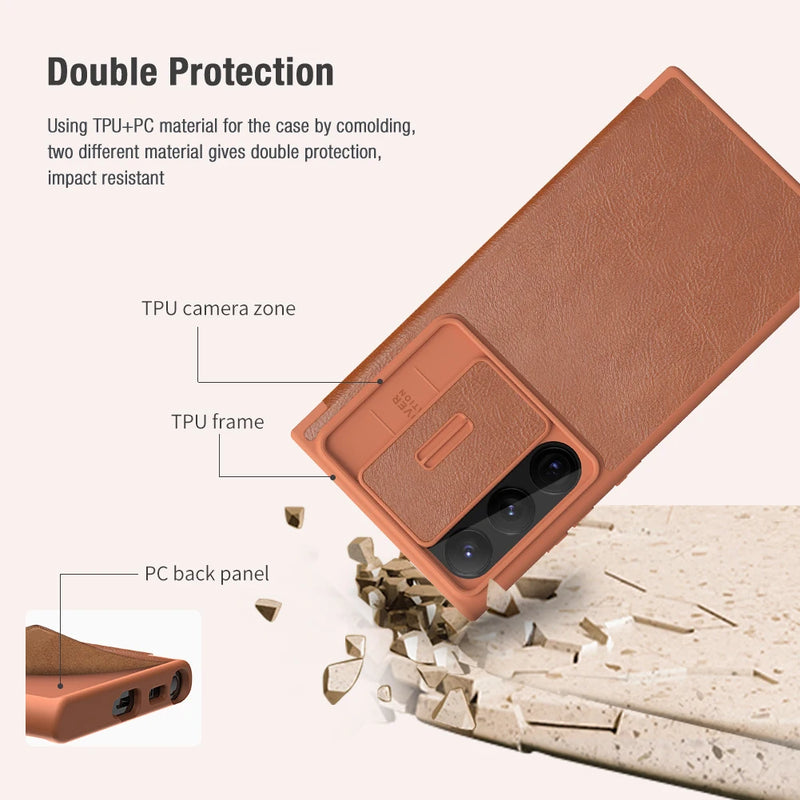 For Samsung Galaxy S23 Ultra Case NILLKIN Leather Qin Leather Case Slide Camera Case For Samsung S23/ S23 Plus Flip Cover