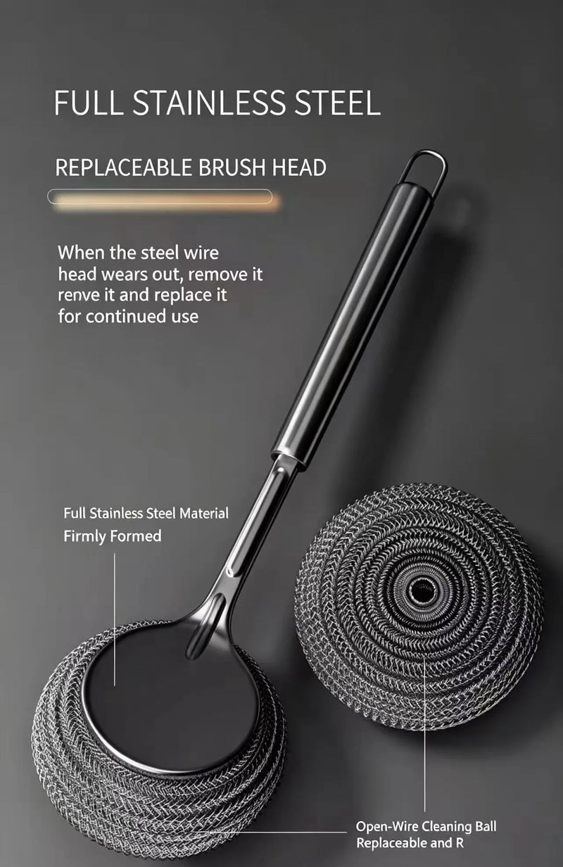 Kitchen Specific Cleaning and Scrubbing Tool for Pots and Bowls, Long Handled Steel Wire Ball Brush, Bowl Brush