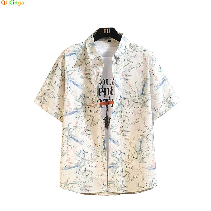 Summer Men's Short-sleeve White Printed Shirt, a Stylish and Casual Cotton Shirts, Available in Blue, Green, and Orange.