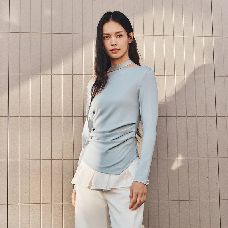 Semir Women Tshirt Long Sleeve Short Cowl Neck Ruched Asymmetric Solid Elegant Casual Autumn Top Daily Wear 2026