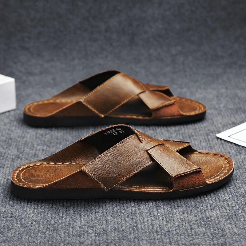Men Cross Strap Leather Slide Sandals Open Toe Flat Slippers Male Non Slip Rubber Sole Summer Casual Outdoor Beach Shoes Vintage