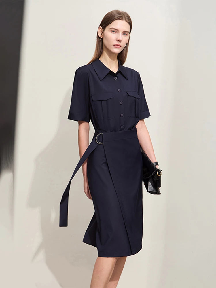រ៉ូប Amii Minimalism Women រដូវស្លឹកឈើជ្រុះឆ្នាំ ២០២៤ រ៉ូបថ្មី Lapel False Two-piece រចនាប័ទ្ម Safari ដៃខ្លីសម្រាប់នារី ខ្សែរ៉ូប Retro 12441222