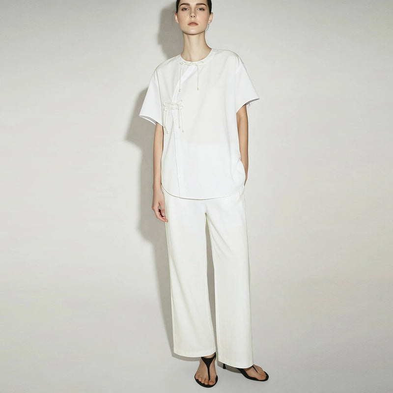 Amii Women's Shirt 2026 Summer New Chinese Style Cotton Blouse Oversized Frog Button Short Sleeve Women's White Shirt 12642122