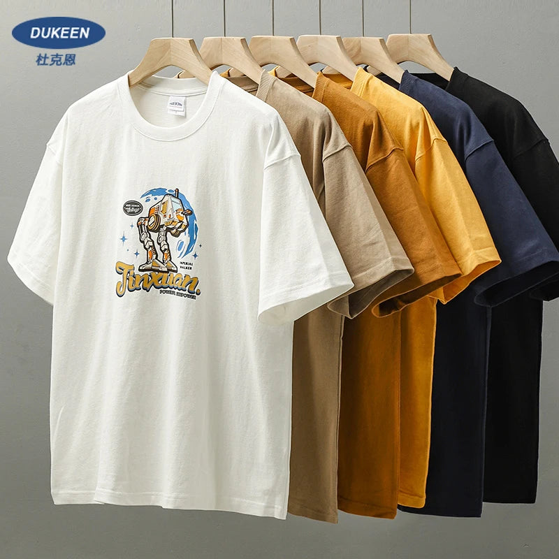 Dukeen 320g Heavyweight Oversized Short-Sleeved T Shirt Men Summer Plus Size Cotton Robot Printing Tees Couples