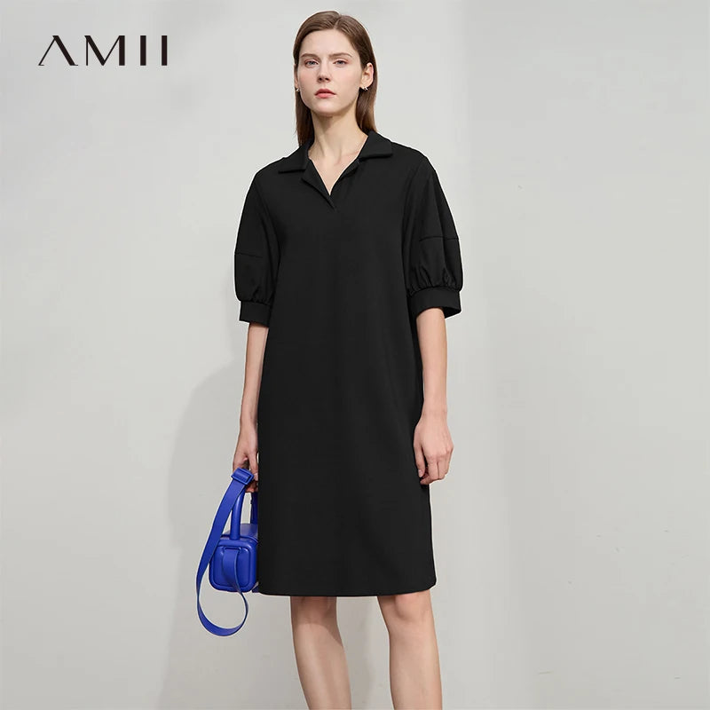 Amii Women Minimalism Summer Casual Dress 2026 New Solid Color Loose Lantern Sleeve V Neck Knit Stretch Comfort Dressse 12542165