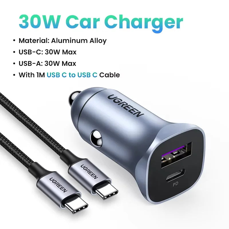 UGREEN Car Charger Type C Fast USB Charger for iPhone 17 16 15 Xiaomi Car Charging Quick 4.0 3.0 Charge Mobile Phone PD Charger