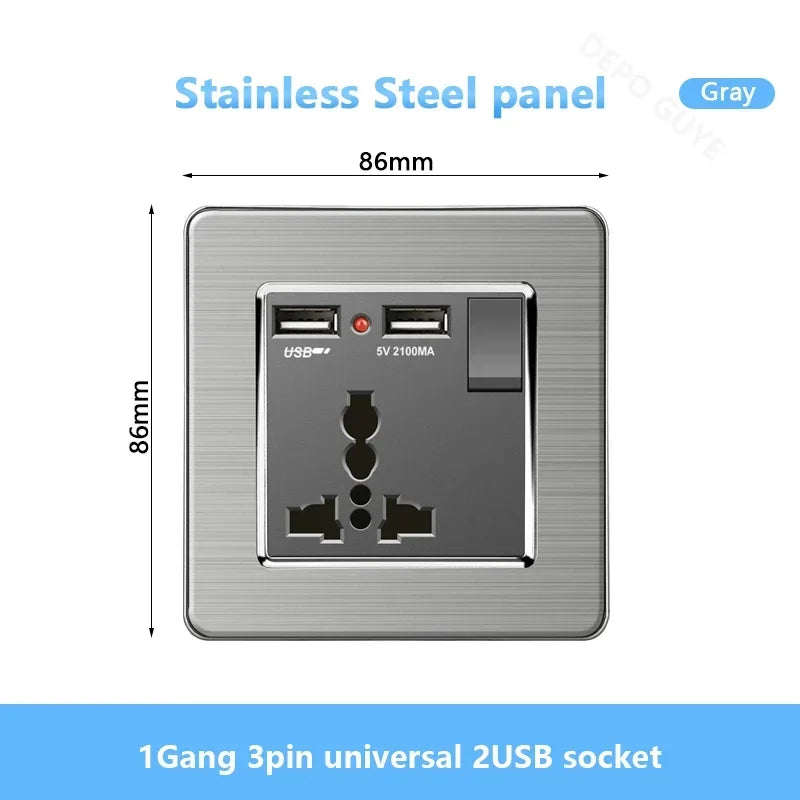 Universal Wall Light Switch Brushed Stainless steel Panel,UK Type-c 18W Quick Charging Socket 220V Double USB Electrical Outlet