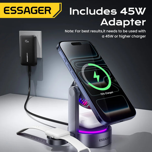 ឆ្នាំងសាកឥតខ្សែ Essager Qi2.2 25W ម៉ាញេទិក 3 ក្នុង 1 ជើងទម្រសាកថ្មលឿន សម្រាប់ iPhone17 16 Pro Max Samsung S25 នាឡិកា កាសស្តាប់ត្រចៀក AirPods