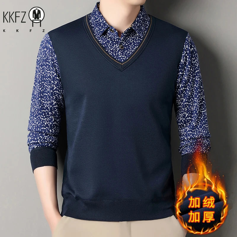 Men Thermal Knit Sweatshirt Faux Layered Style Printed Lapel Collar Fleece Inside Leisure Long Sleeve Pullover