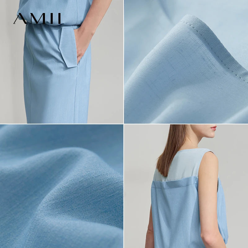 រ៉ូប AMII Comfort Vented ដៃខ្លី ពណ៌ចម្រុះ រដូវក្តៅ ឆ្នាំ២០២៥ សម្រាប់នារីការិយាល័យ ចង្កេះរាបស្មើ លំនាំប៉ាក់ រ៉ូបរលុង សម្រាប់នារី 12552024