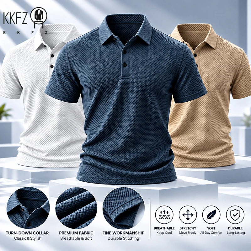 Mens Short Sleeve Polo Garment Fine Workmanship Breathable Soft Waffle Material Stretchy Design For Office Working Casual Wear