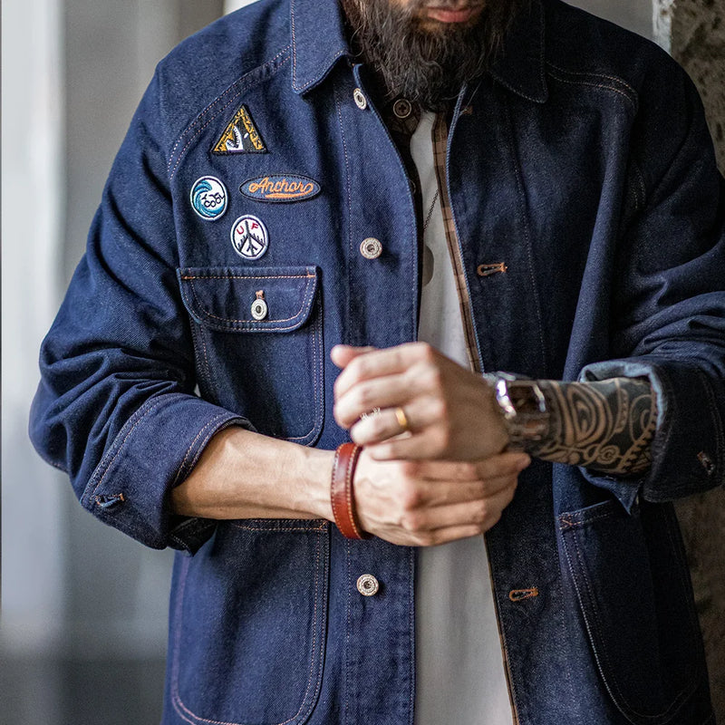 អាវក្រៅ Maden Vintage ទំហំ 12.8oz ធ្វើពី Denim ទម្ងន់ធ្ងន់ ប៉ាក់សញ្ញាសម្គាល់ បោកគក់ សម្លៀកបំពាក់ក្រៅធម្មតាសម្រាប់បុរស អាវក្រៅរដូវផ្ការីក និងរដូវស្លឹកឈើជ្រុះ