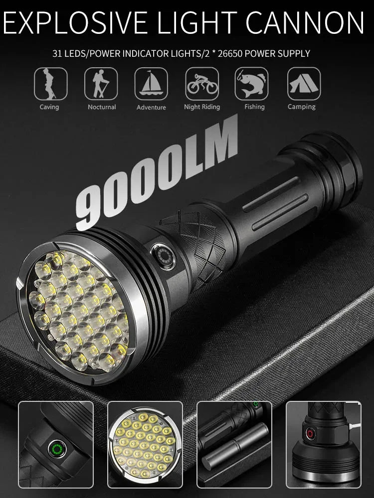 ពិល LED ថាមពលខ្ពស់ ពិលភ្លឺខ្លាំង ពិលចម្ងាយឆ្ងាយ អាចសាកបានដោយ USB ចង្កៀងដៃយុទ្ធសាស្ត្រដ៏មានអានុភាព ចង្កៀងបោះតង់