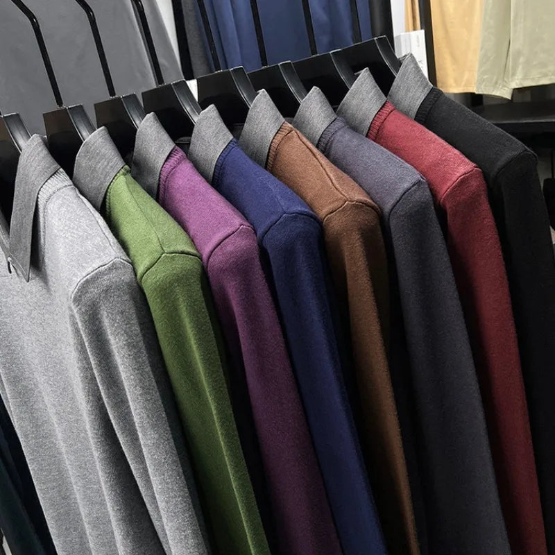 Men's Grey Faux Two-Layer Knit Sweater, Button-Down Shirt Collar with Soft Wool Blend Fabric, Smart Business Autumn Casual Wear