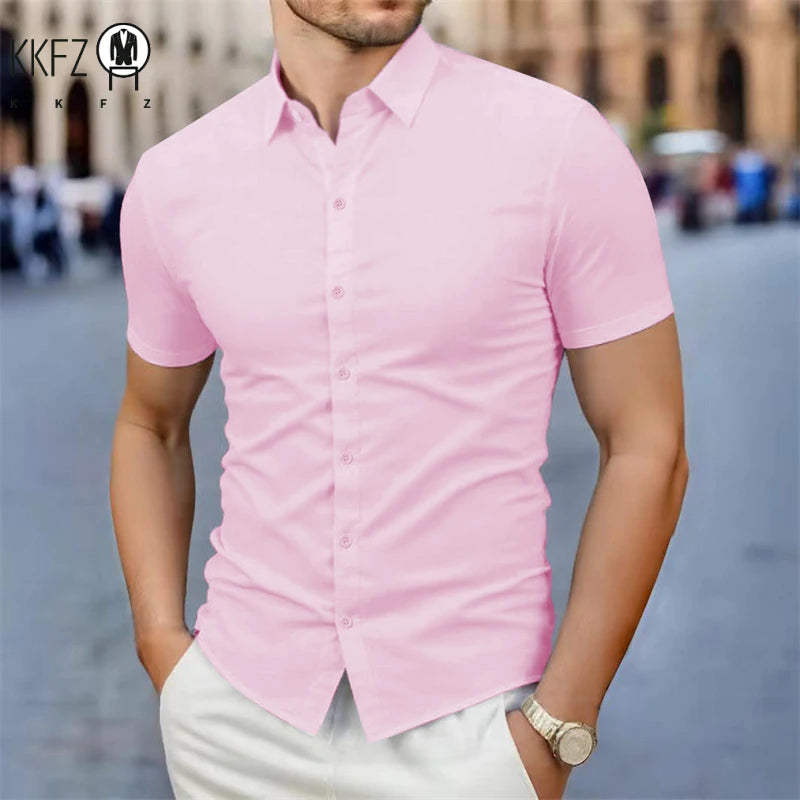 Men's Business Casual Solid Color Short Sleeve Shirt Summer Fashion No Ironing Comfortable Versatile Top for Men