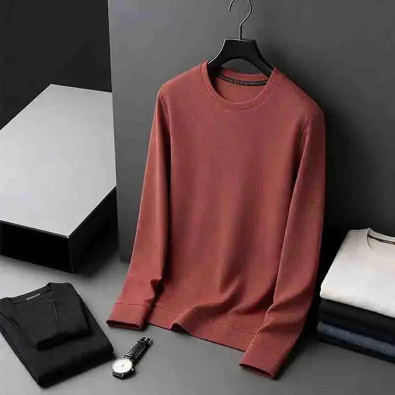 Men's Stretchy  Crew Neck Long Sleeve Knit Sweater Soft Comfortable Business Casual Tee