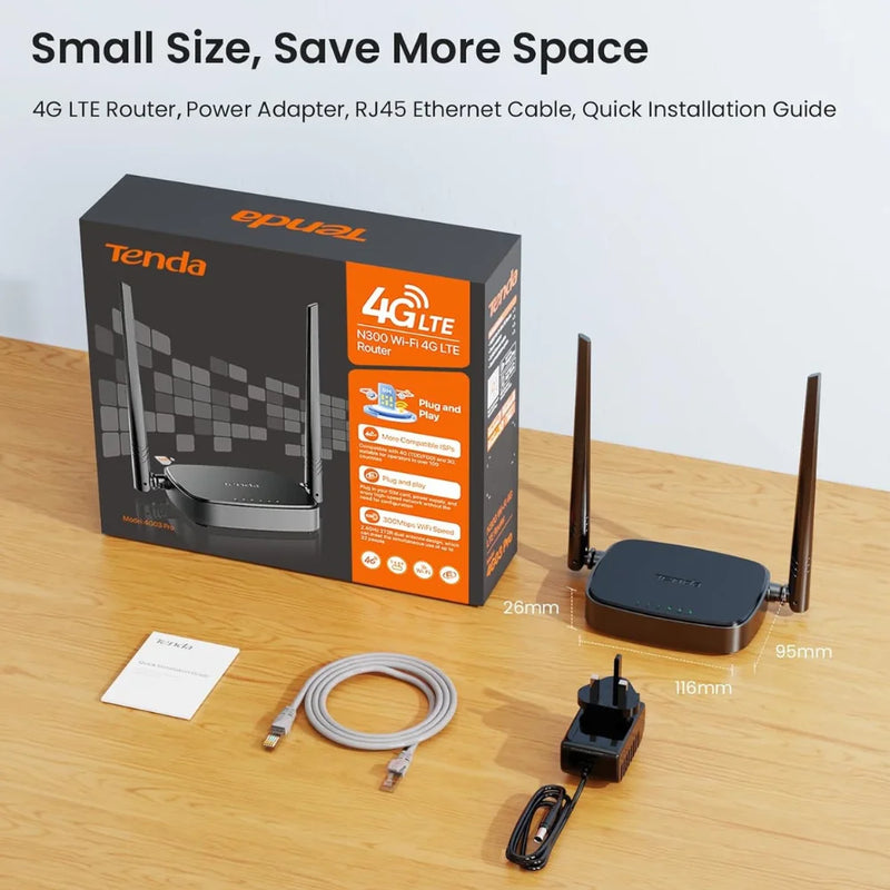 រ៉ោតទ័រ Tenda 4G SIM 4G03 Pro - រ៉ោតទ័រវ៉ាយហ្វាយចល័ត 3G/4G ប្រេកង់ឥតខ្សែ 2.4 GHz, LTE Cat4, រន្ធ LAN/WAN Ethernet លឿន, 2 * 4dBi