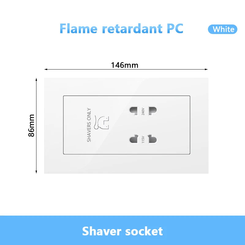 146 UK standard Hotels Shaver Socket,Wall Bathroom beard knife Panel,Beard Shaving Charge outlet Glass Plastic Stainless steel