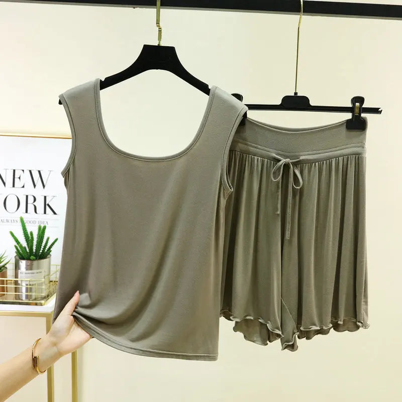 Women's Pajamas Modal Wide Shoulder Double U-neck Vest Shorts Two-piece Set Loose Plus Size Home Suit  Pijama Mujer M-6XL