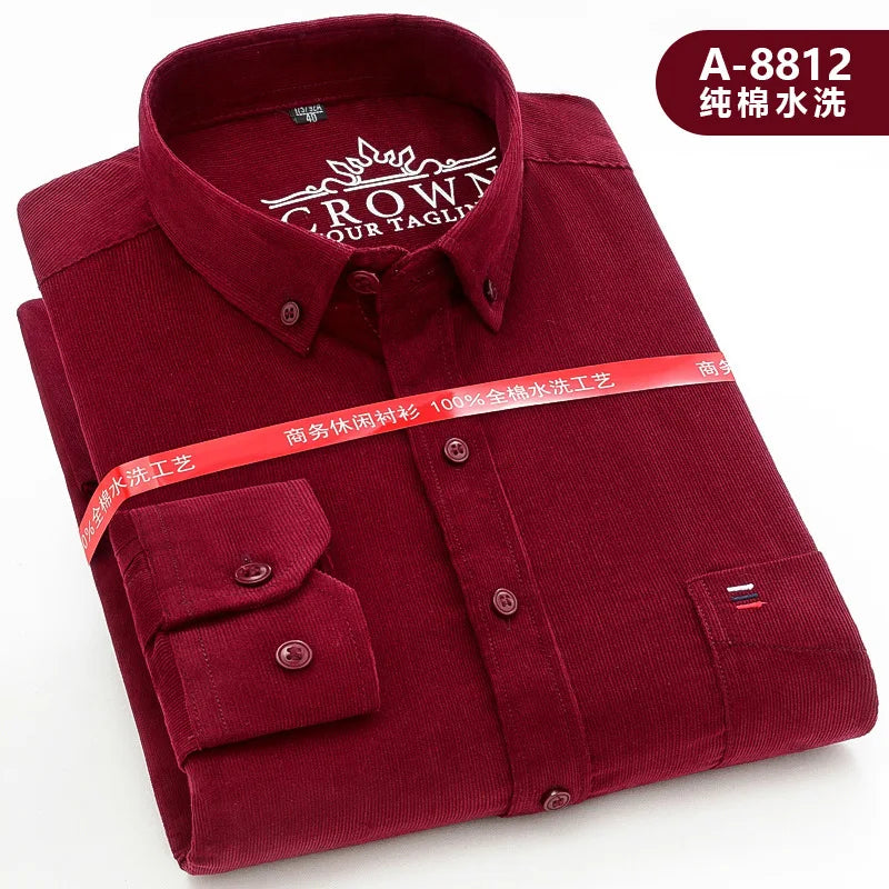 Spring Men's Yellow Long-Sleeve Shirt, Corduroy Collared Shirts, Asian Sizes, Available in Blue, Red, Gray, and Green.