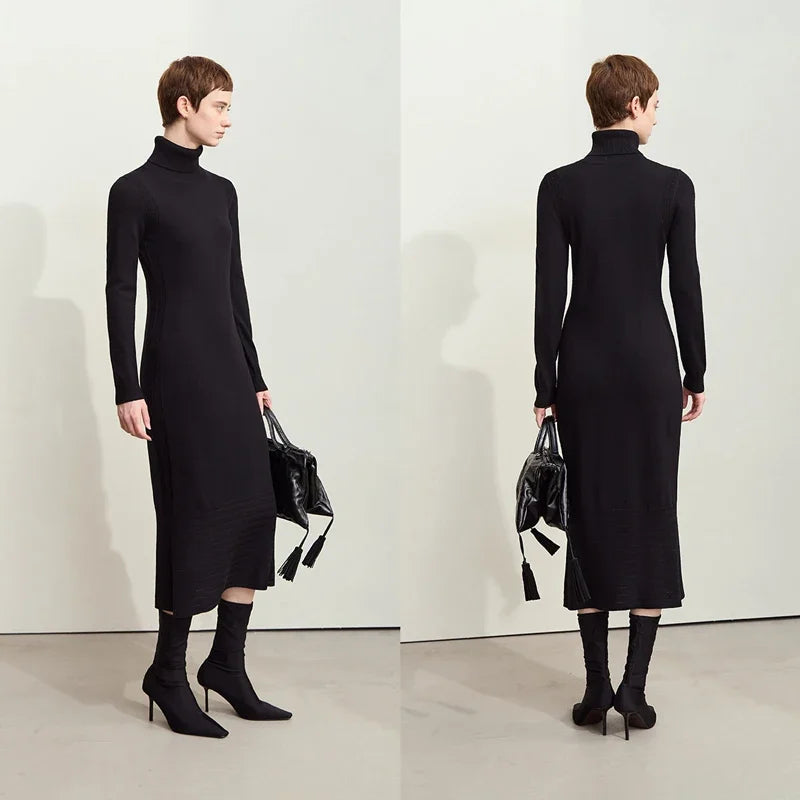 AMII Dresses for Woman 2026 Winter New Knitted Long Sleeves Women's Clothing Solid Elegant Thin Turtleneck Dress Ladies 12444163