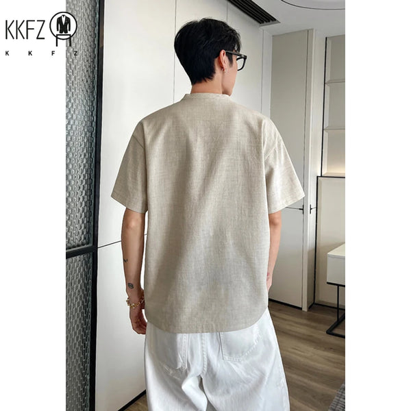 Mens Stand Collar Half Open Short Sleeve Blouse Lightweight Thin Fabric Relaxed Fit Outdoor Vacation Tees