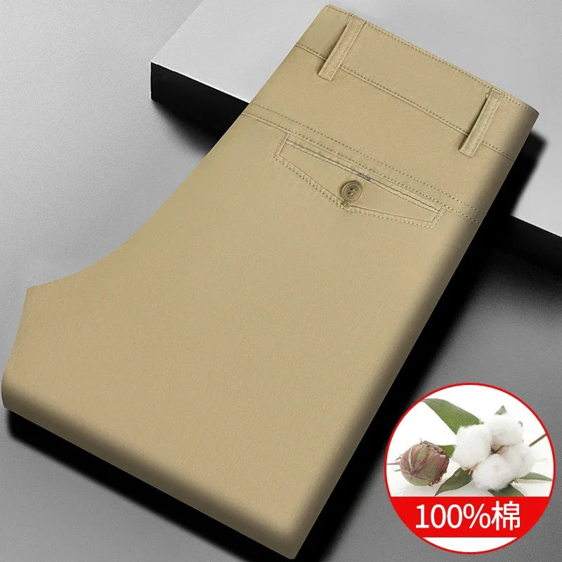 Men Cotton Straight Casual Chinos Soft Breathable Twill Fabric Zip Fly Side Slash Pockets Office Daily Commuting Long Bottoms