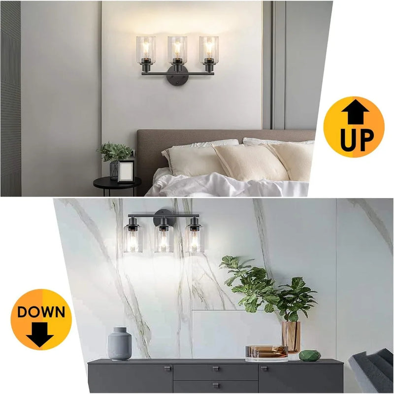 ចង្កៀងជញ្ជាំងទំនើប JOYINLED 3 អំពូល ពណ៌ខ្មៅស្រអាប់ ចង្កៀងជញ្ជាំងដែកផ្ទះកសិករ ជាមួយនឹងគ្រឿងតុបតែងលម្អកញ្ចក់ សម្រាប់បន្ទប់គេង ផ្ទះបាយ សាលធំ
