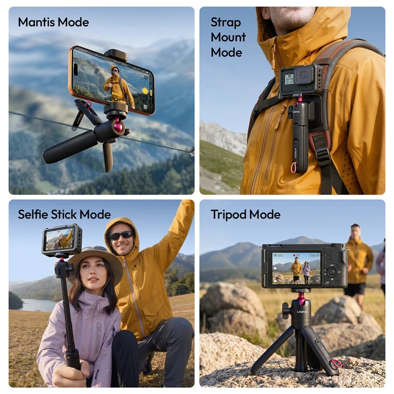 ជើងទ្រ Ulanzi MT55 SnapGo Mini Selfie Stick ជើងទ្រជាមួយ 1/4" ម៉ោន 360° ក្បាលបាល់ របៀប Mantis សម្រាប់កាមេរ៉ាសកម្មភាព ទូរស័ព្ទ Vlog ពន្លឺ