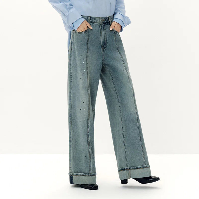 Semir Women Jeans Cuffed Split Wide Leg Loose Long Leg Look 2026 Autumn Street Style Soft Casual Denim Pants Daily Wear